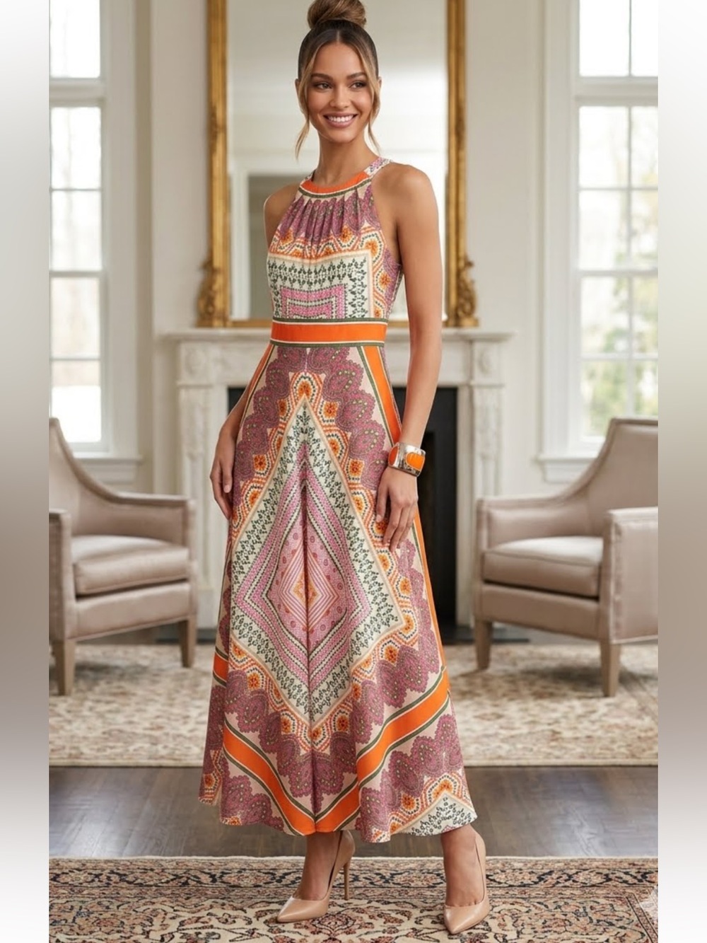 Chico's Boho Halter Maxi Dress w/Back Ties Pink, Orange & Cream 1/US 8